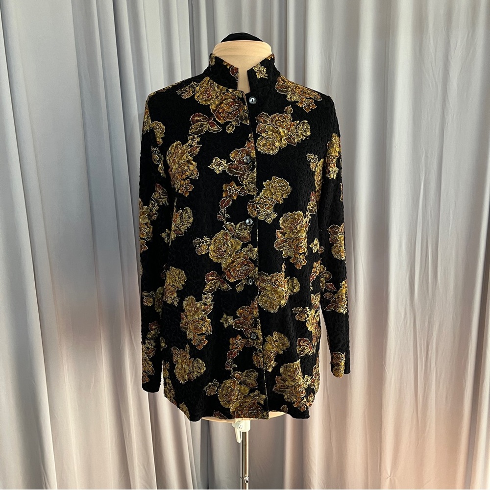 Coldwater Creek Button Down Gold Metallic Floral Long Sleeve Shirt